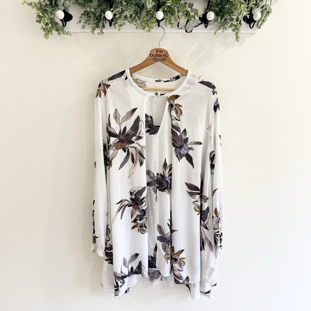 Free People Electric Orchard Swing Tunic White Floral Keyhole Size L G5015